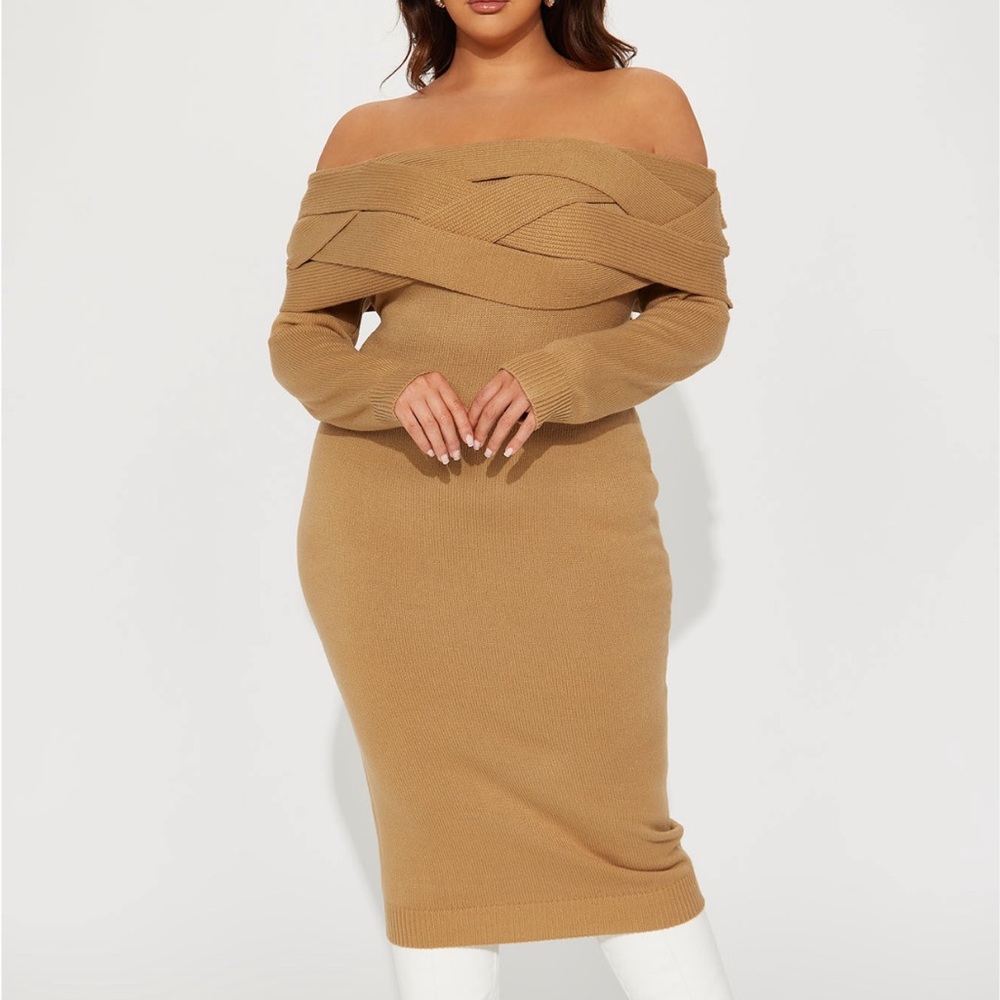 Off-Shoulder Tan Knit Dress